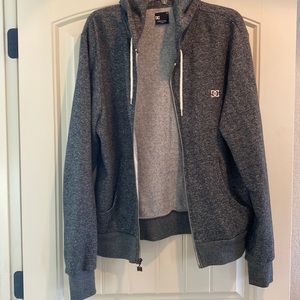 Heathered grey DC zip up jacket with hood. Large.